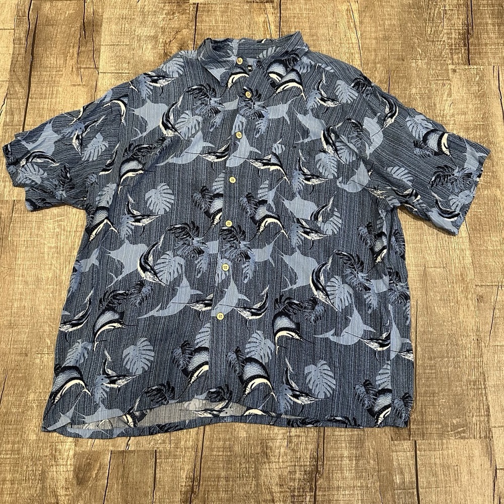 Puritan Men's Short Sleeve Sail Fish Print‎ Rayon Hawaiian Shirt Blue XL Vintage